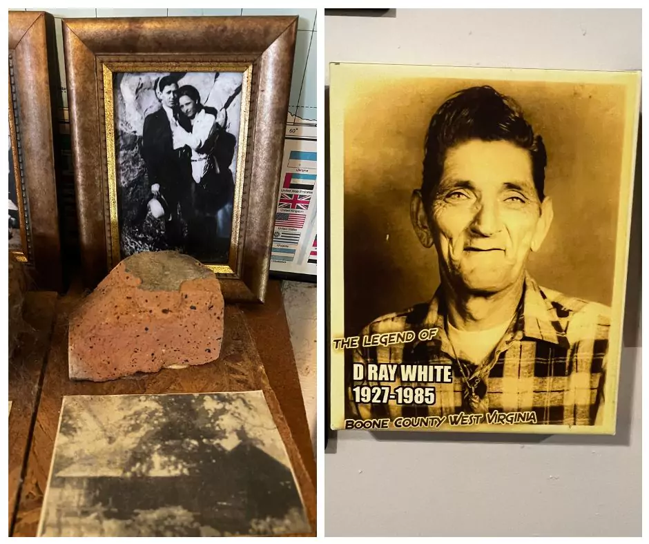 Framed portrait of D Ray White alongside historic photographs of Bonnie and Clyde displayed with old bricks.