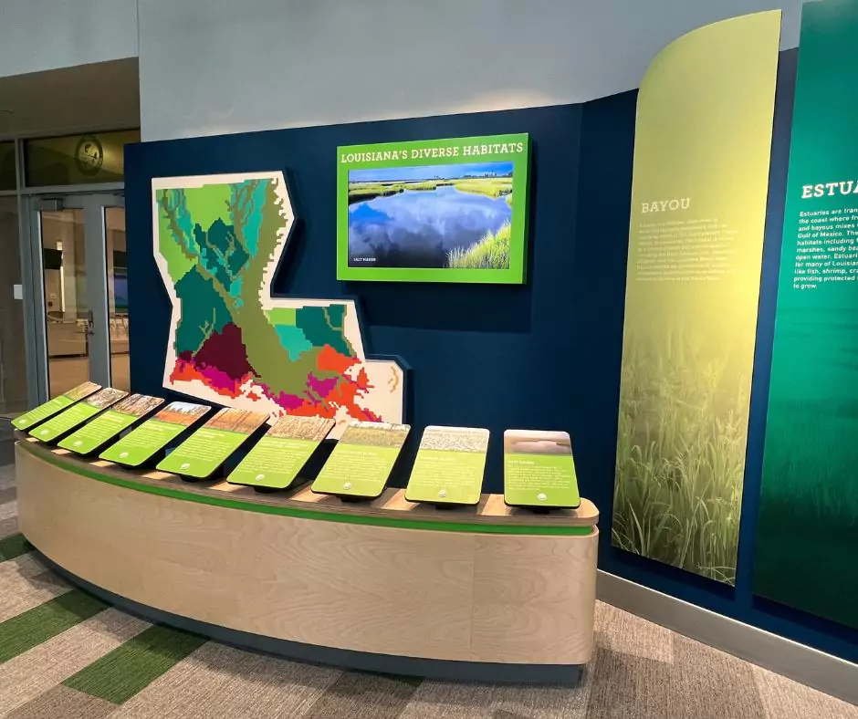 Interactive Louisiana Sportfishing exhibit at Port Wonder featuring virtual fishing simulation screens and educational panels on responsible angling.