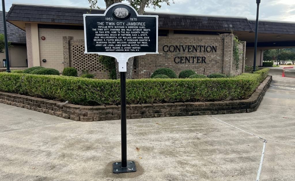 The Twin City Jamboree historical marker stands in front of the West Monroe Convention Center, commemorating the local music show’s contribution to country and rockabilly in Northeast Louisiana.