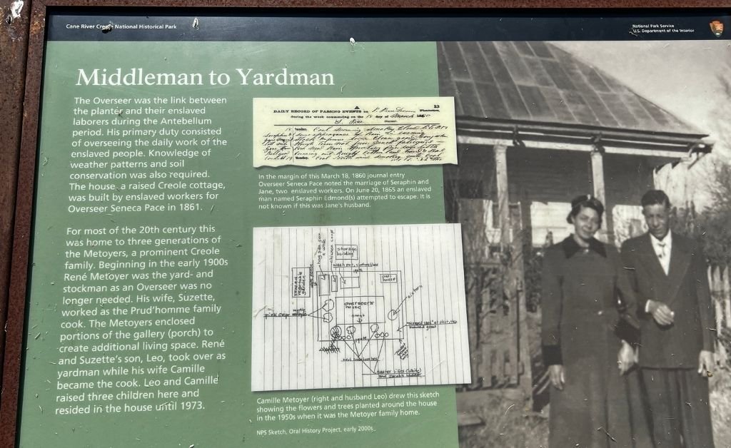 Interpretive panel titled “Middleman to Yardman” at Cane River Creole National Historical Park, with text, sketches, and a historic photo of René and Suzette Metoyer.
