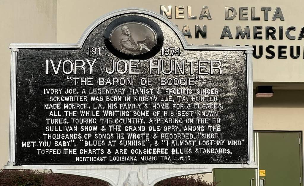 Close-up of the Northeast Louisiana Music Trail marker for Ivory Joe Hunter, located in front of the NELA Delta African American Heritage Museum in Monroe, Louisiana.