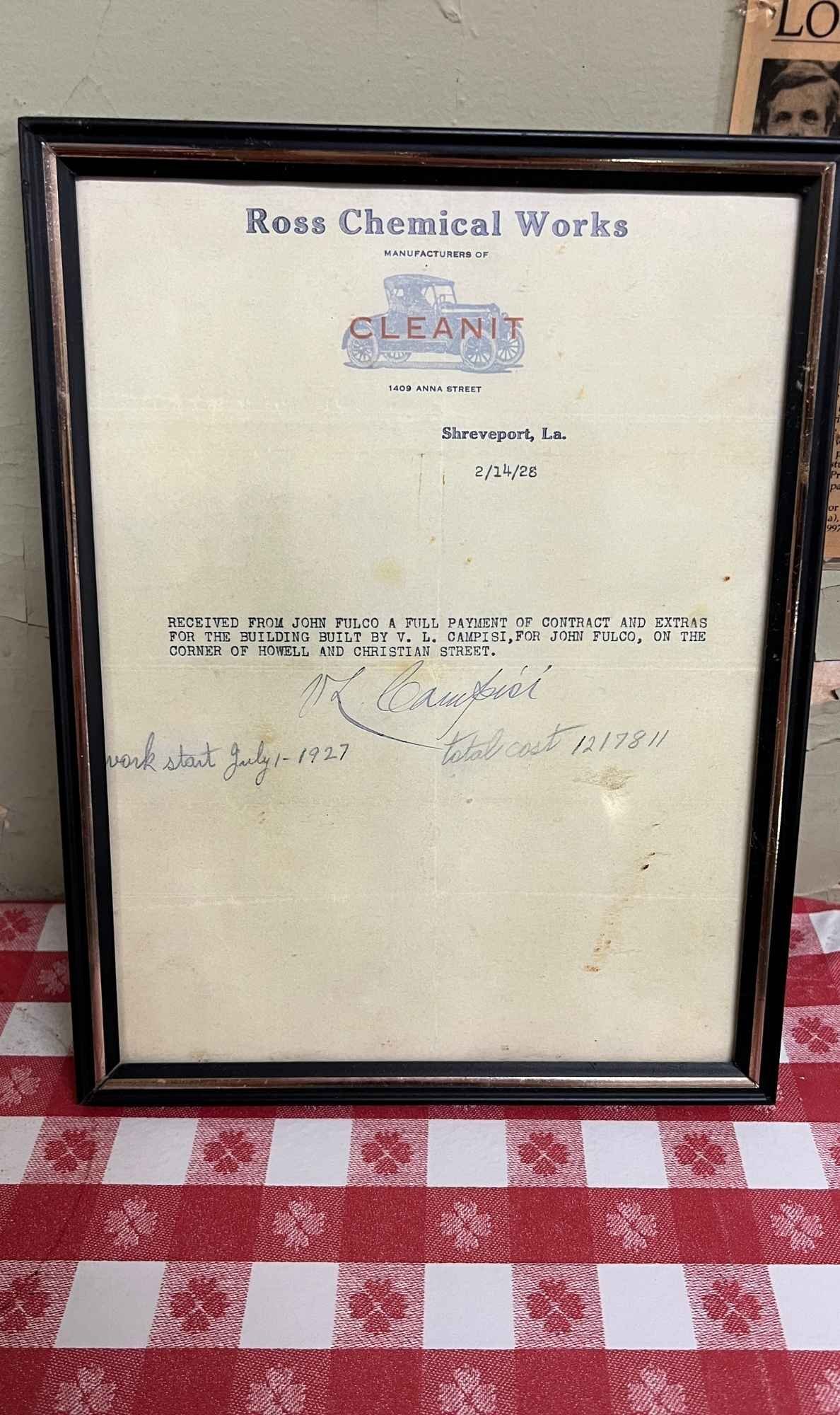 Framed 1928 Ross Chemical Works receipt showing payment for construction of the Fertitta's Deli building at the corner of Howell and Christian Street in Shreveport.