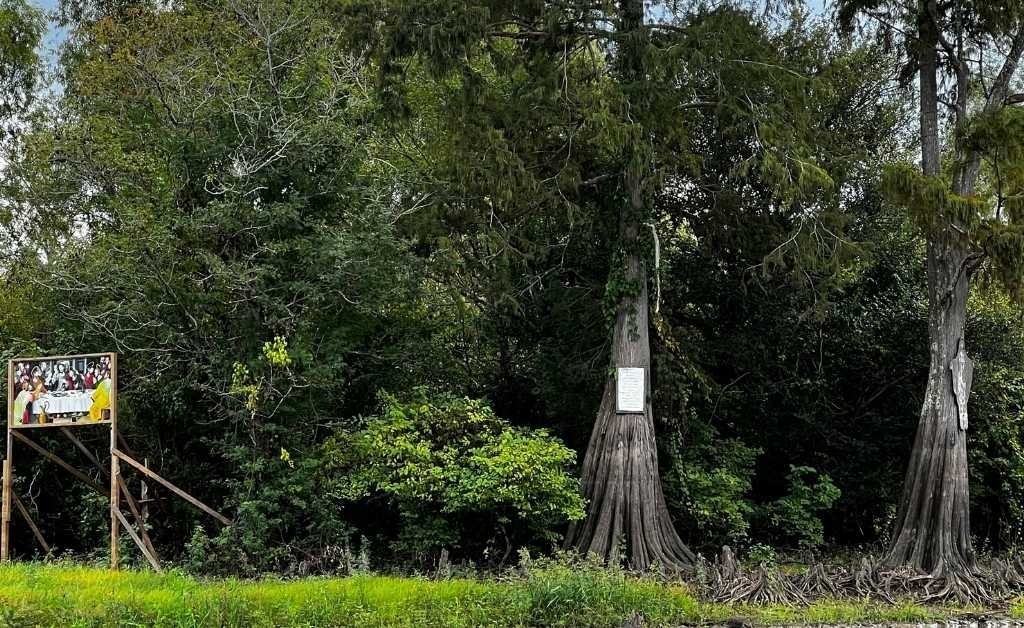 A broader view of Prayer Cove featuring a hand-painted Last Supper mural and two tall cypress trees, one of which displays a weathered blessing plaque, all set against dense swamp foliage.