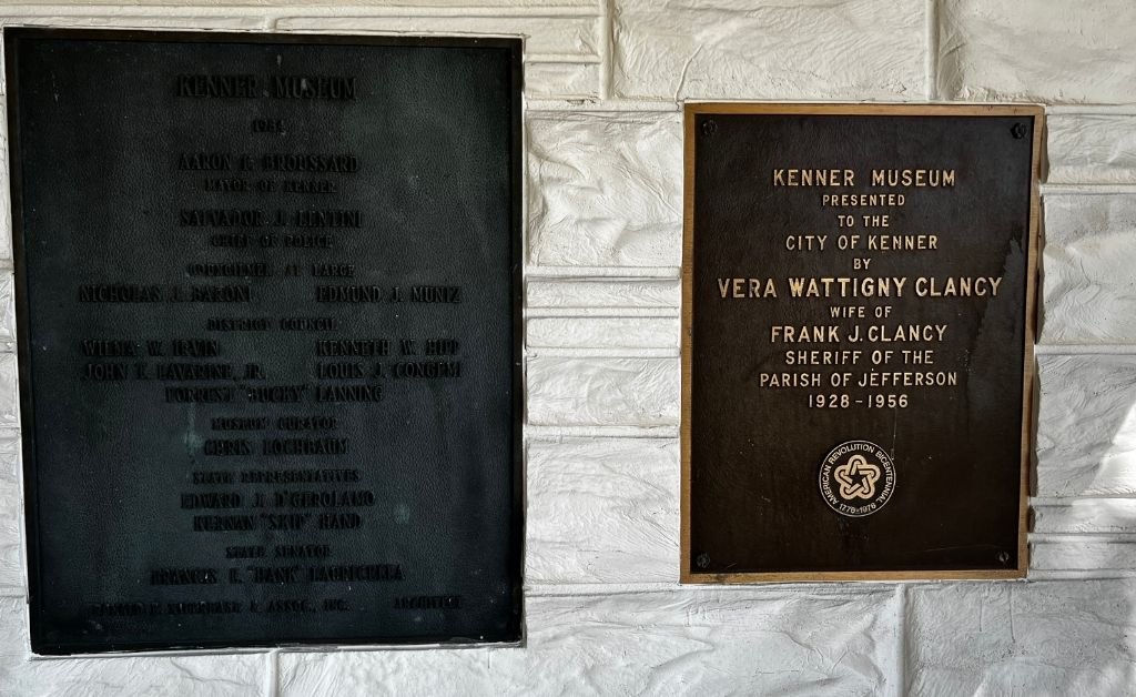 Historic plaques mounted inside the Clancy House marking its time as the Kenner Museum and honoring the Clancy family’s legacy in Jefferson Parish.