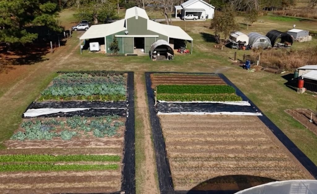 Aerial view of Cajun Prairie Farm in Arnaudville, Louisiana showing orderly vegetable beds, barn structures, and surrounding farmland.