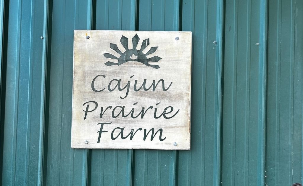Wooden sign reading “Cajun Prairie Farm” mounted on a green metal barn wall