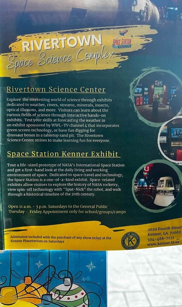 Poster for Rivertown Science Center and Space Station Kenner exhibit, highlighting interactive science displays and a life-sized International Space Station model.