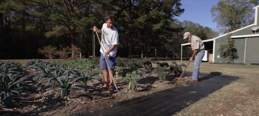 Andre Allain and Larry Allain working side by side with hand tools in the vegetable rows at Cajun Prairie Farm in Arnaudville, Louisiana.