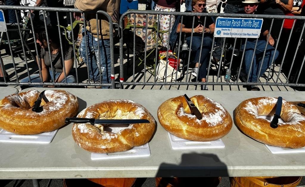 French bread loaves prepared for serving with the giant omelette during the Giant Omelette Celebration in Abbeville