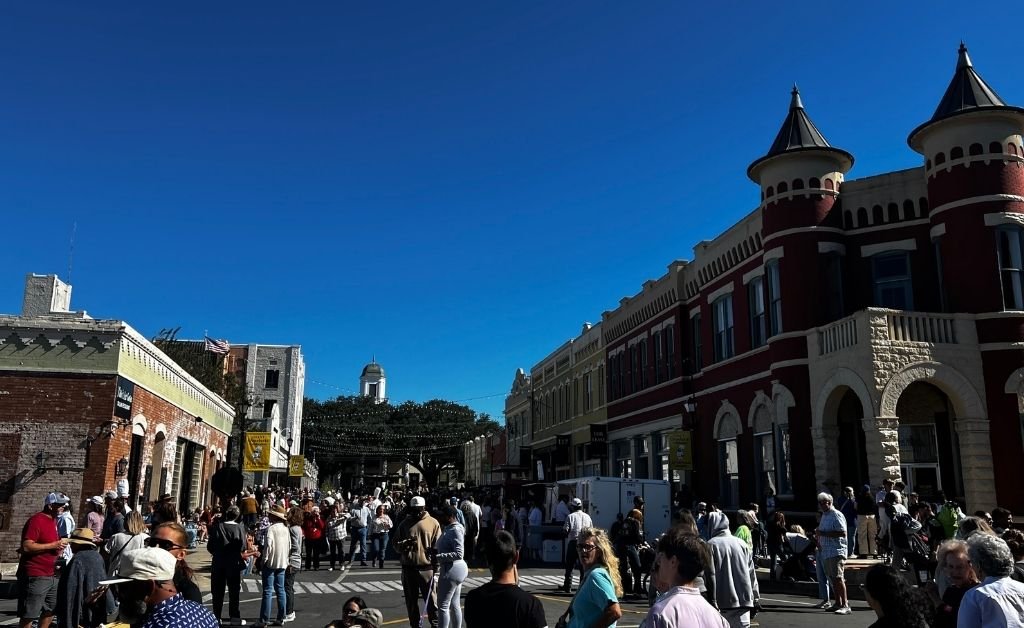Crowds fill historic downtown Abbeville during the Giant Omelette Celebration in Vermilion Parish, Louisiana