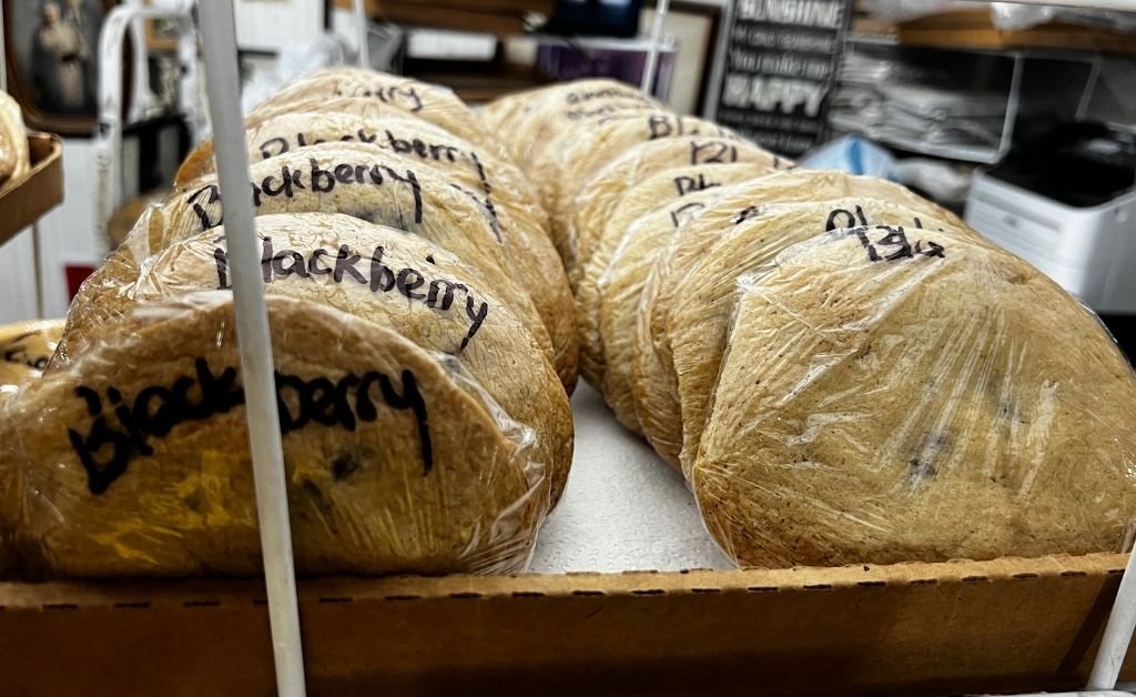 Wrapped blackberry sweet-dough tarts labeled and ready for sale at Suire's Grocery and Restaurant