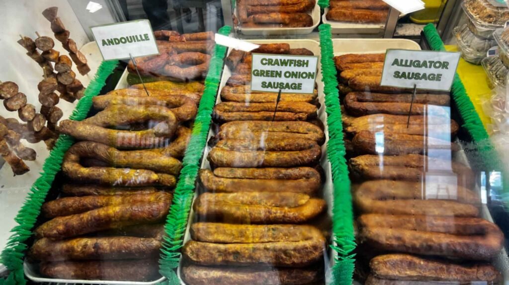 A close-up view through a glass display case of various sausages. Signs identify "ANDOUILLE," "CRAWFISH GREEN ONION SAUSAGE," and "ALLIGATOR SAUSAGE" nestled between green dividers.