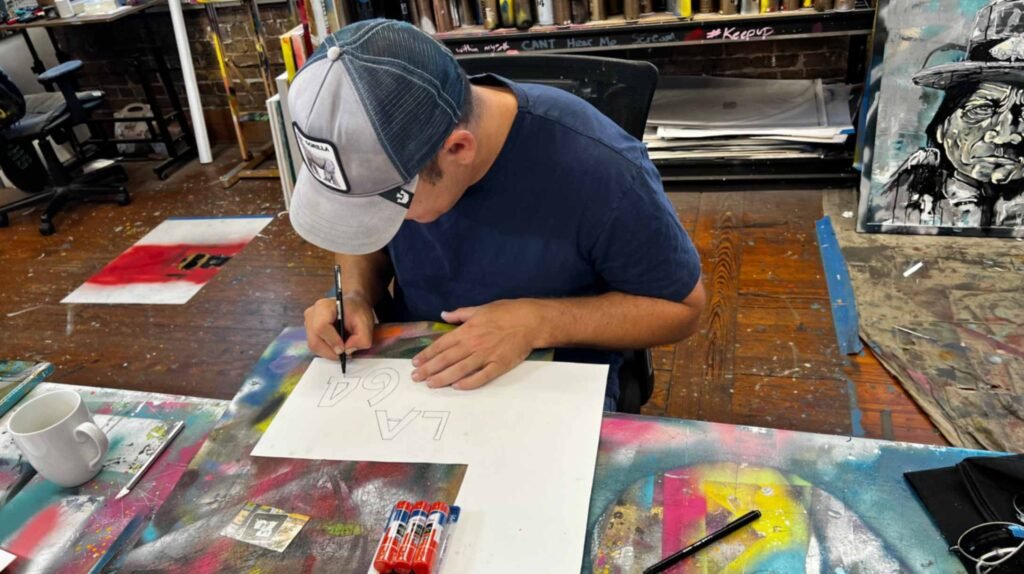 An overhead shot of Joshua Wingerter wearing a baseball cap, carefully sketching the "LA 64" logo onto a white board at a paint-splattered desk.