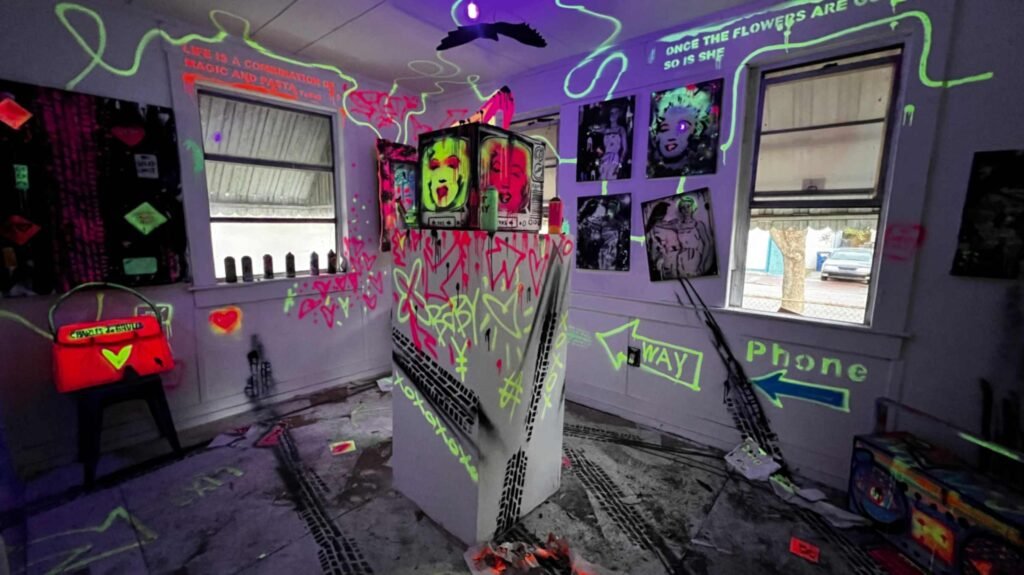 A room illuminated by blacklight, featuring neon green and pink graffiti, glowing portraits of Marilyn Monroe, and "Once the flowers are gone, so is she" written on the wall.
