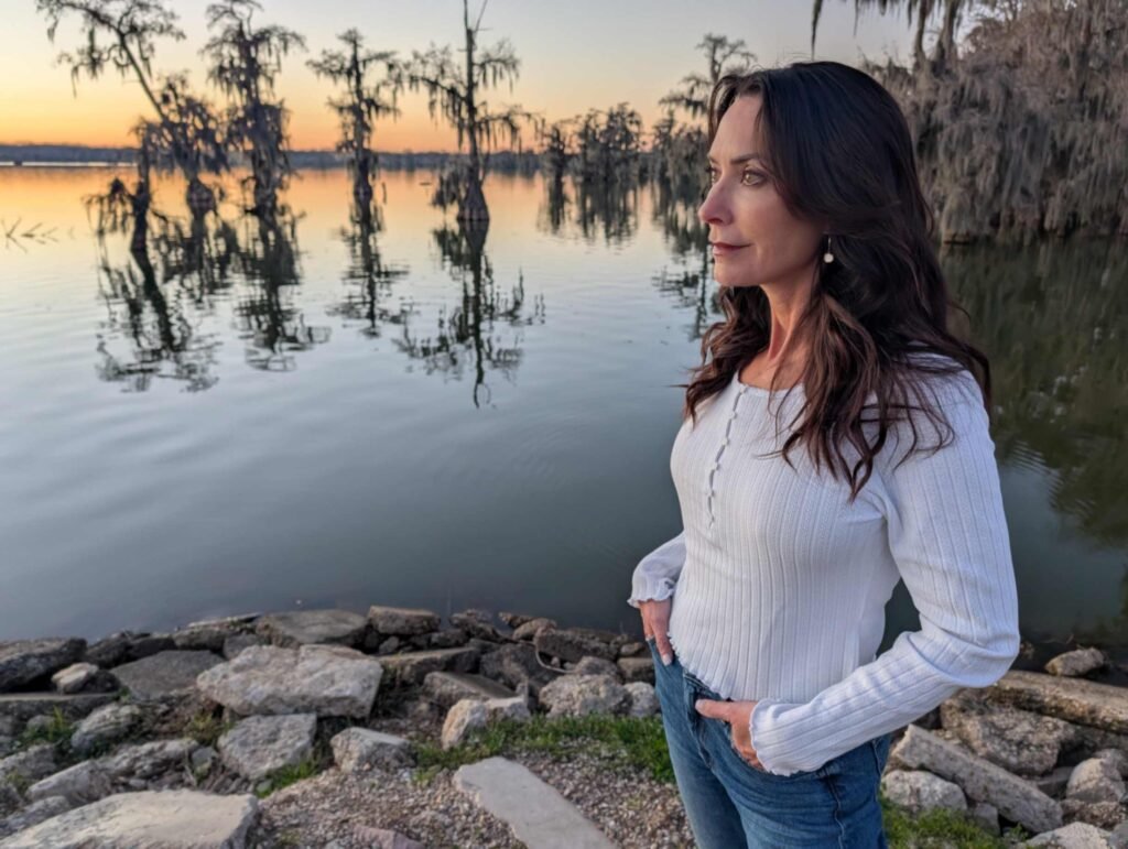 Karen standing on the rocky bank of Lake Martin at sunset with cypress trees in the background.