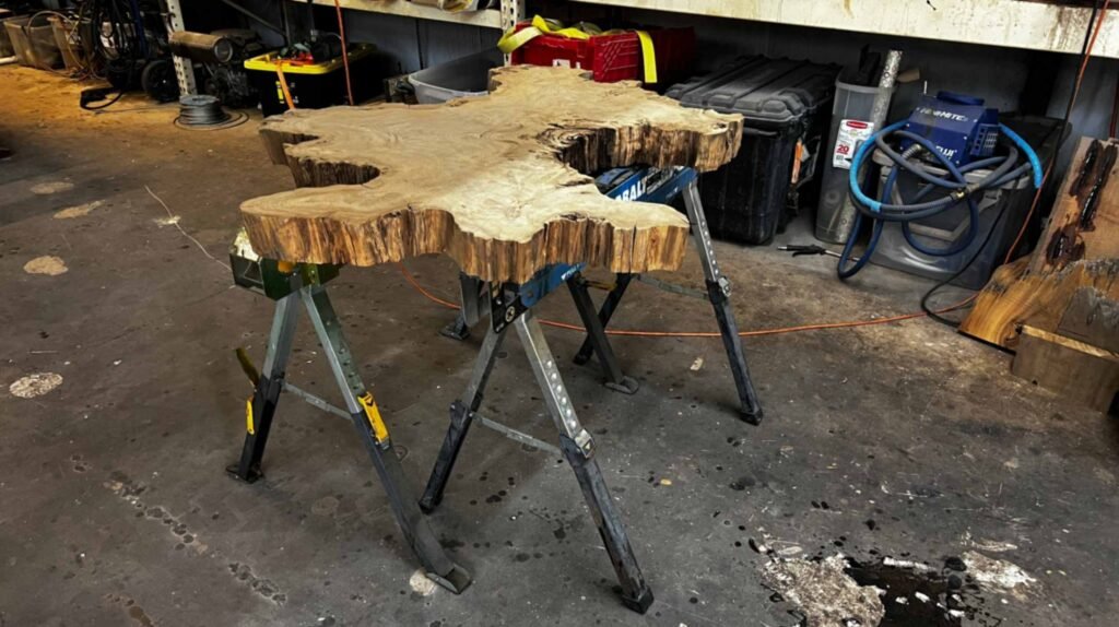 An irregularly shaped, cross-cut section of a cypress log, or "cookie," rests on two metal sawhorses in a workshop. The wood has a highly textured, jagged edge and swirling grain patterns, showcasing the natural, unrefined silhouette of the tree's base.