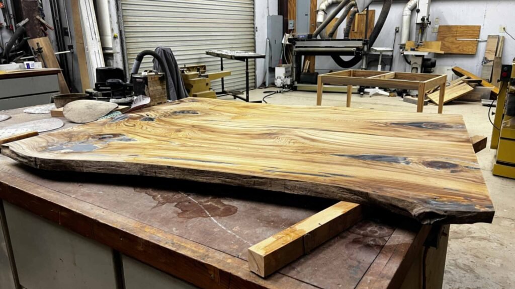 A large, horizontal slab of raw Louisiana sinker cypress wood with a live edge, resting on a workbench in Eric Couvillion’s woodworking shop. The wood features intricate grain patterns, natural dark mineral staining, and knots, with various woodworking tools and machinery visible in the blurred background.