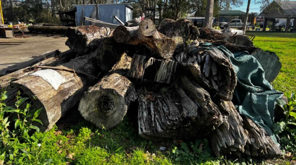 A large pile of weathered, reclaimed sinker cypress logs with rough, greyish-brown bark and visible grain, resting on green grass at Eric Couvillion’s outdoor workshop in Louisiana.
