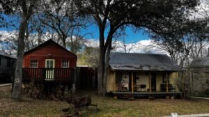 A dark red wooden cabin with a small balcony sits next to a light yellow wooden cabin with a shaded porch, both tucked beneath large, mossy trees at Bayou Cabins.
