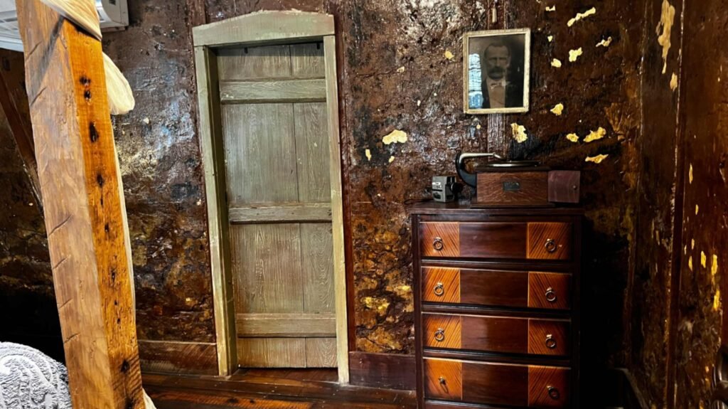 A rustic cabin interior featuring textured, dark brown bousillage walls, a weathered green wooden door, and a vintage wooden dresser topped with an old phonograph and a framed portrait.