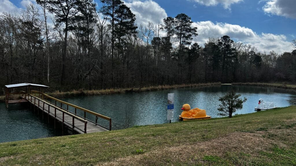 A long wooden dock with a covered gazebo extends into a calm pond at God's Country RV Park near Shreveport. Yellow duck and white swan paddle boats float near the grassy shore, framed by a thick forest of pine trees under a cloudy sky.