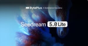 An image featuring the BytePlus logo, which includes the ByteDance logo and the text "BytePlus A ByteDance Company" in white. Centered below it is the text "Seedream" in white and "5.0 Lite" in black text inside a white rounded rectangle. The background is a dark, abstract design with blue, purple, and red hues and sparkling light effects.