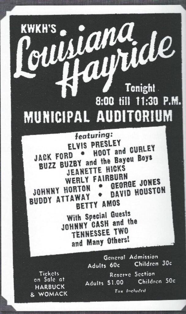 A black-and-white vintage advertisement for "KWKH's Louisiana Hayride" at the Shreveport Municipal Auditorium. The poster lists a 1950s-era lineup featuring Elvis Presley at the top, along with Johnny Horton, George Jones, and special guests Johnny Cash and the Tennessee Two. Ticket prices are listed at the bottom: 60 cents for adult general admission and $1.00 for reserved sections.