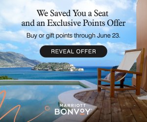 Marriott Bonvoy promotion: 'We Saved You a Seat and an Exclusive Points Offer.' Buy or gift points through June 23. Reveal Offer button. Background shows a wooden deck with a lounge chair overlooking a coastal infinity pool.