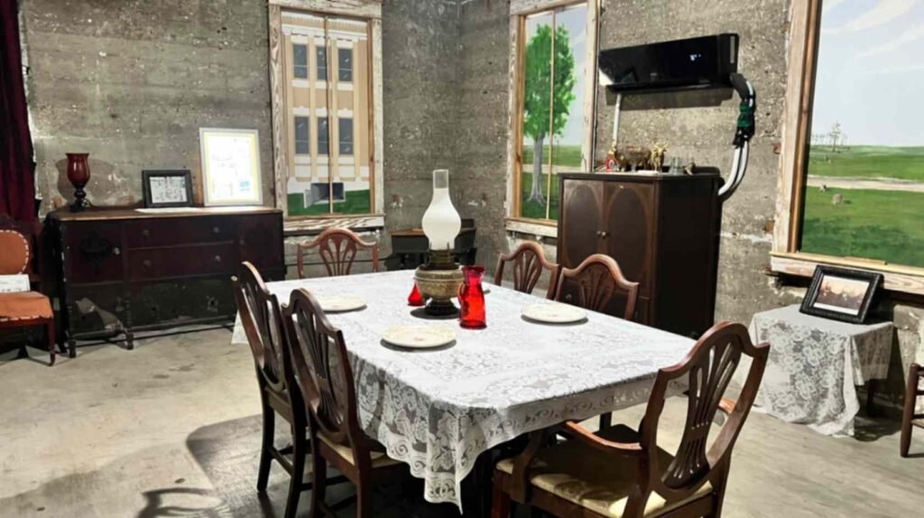 A staged dining room inside the DeRidder Gothic Jail featuring a set table with a lace tablecloth and vintage chairs, positioned against concrete walls with murals of windows showing outdoor scenes.