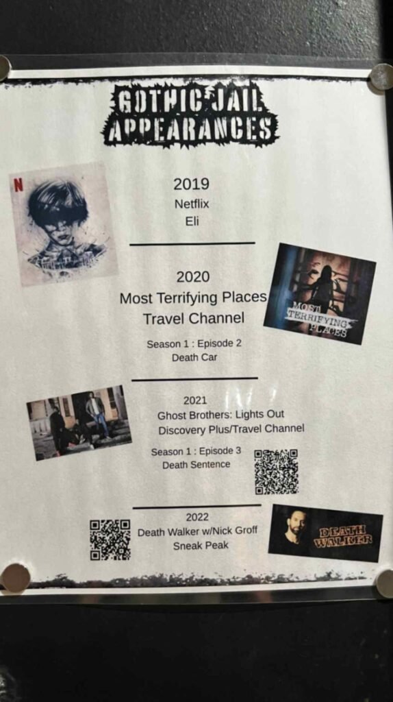 A printed flyer titled "Gothic Jail Appearances" lists the DeRidder Jail's features on Netflix, the Travel Channel, and Discovery Plus, alongside logos for shows like "Most Terrifying Places" and "Death Walker."