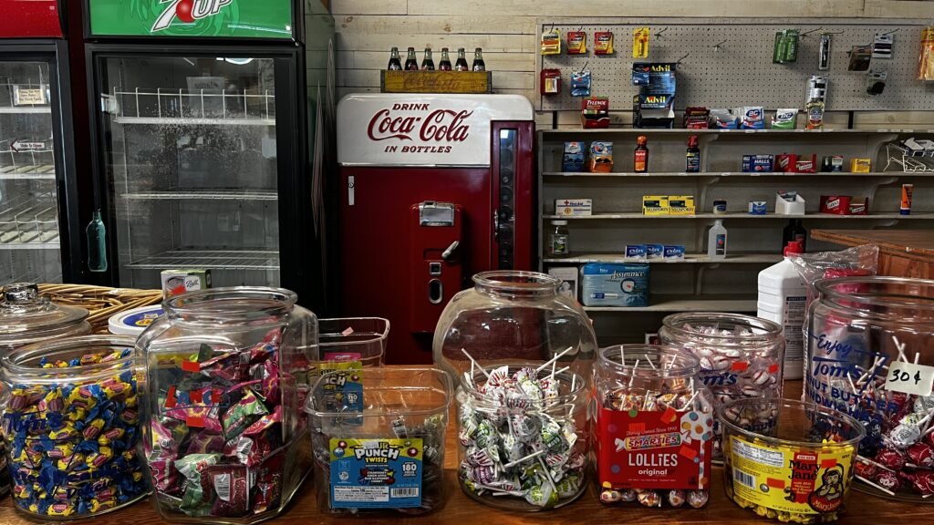 Old-fashioned candy jars and a vintage Coca-Cola machine at Donnell's General Store in Swampers, Louisiana