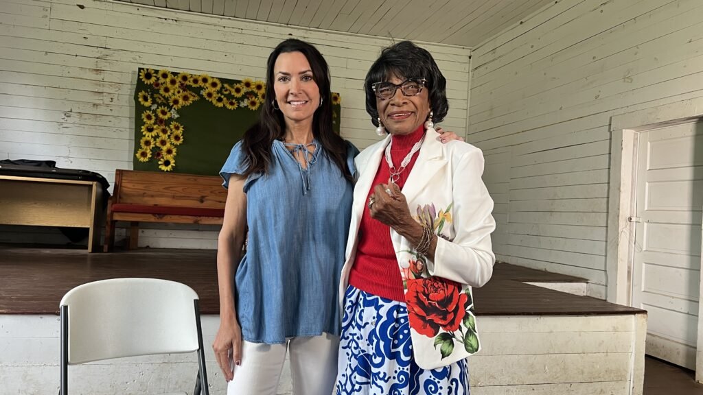 Former teacher Druzella Moham with travel journalist Karen LeBlanc at the Longstreet Rosenwald School