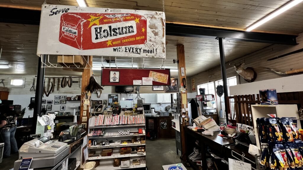 Vintage cash register and sign inside Donnell's General Store in Winnsboro, Louisiana